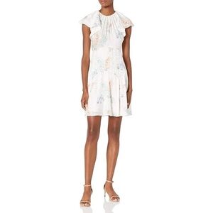 $395 Rebecca Taylor Short Sleeve Hydrangea Dress White Floral Silk Ruffle 00